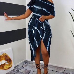 Tie Dye Print Skrew Neck Casual Dress Short Sleeve Ruched Slit Pullover Midi-calf Dress, women Casual Dresses, ChicMe catalog