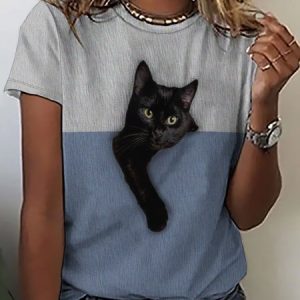 Women Funny Collision Color Basement Cat Loose Simple Crew Neck T-Shirt, T-shirts, Lilicloth.com