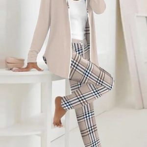 Women's Plaid Daily Going Out Two Piece Set Long Sleeve Casual Spring/Fall Coat With Pants Matching Set, JustFashionNow Suit Set, color:Light Khaki|size:XXL,