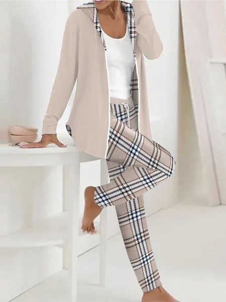 Women's Plaid Daily Going Out Two Piece Set Long Sleeve Casual Spring/Fall Coat With Pants Matching Set, JustFashionNow Suit Set, color:Light Khaki|size:XXL,