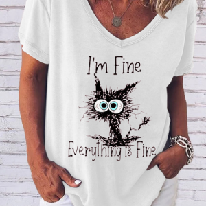 Am Fine Everything Is Fine Cat Print Shirts&Tops, T-shirts, Lilicloth.com