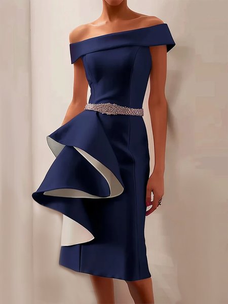 Women's Sleeveless Summer Plain Ruched Dress Boat Neck Cocktail Going Out Urban Midi X-Line, JustFashionNow Dresses, color:Purplish blue|size:3XL,