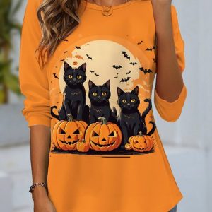 Women's Long Sleeve Tee T-shirt Spring/Fall Cat Jersey Crew Neck Daily Going Out Casual Top, JustFashionNow T-Shirts, color:Orange|size:XXL,