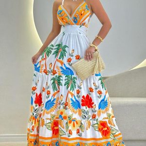 Tropical Print Striped Ruched V-Neck Maxi Dress, Maxi Dresses, ChicMe catalog