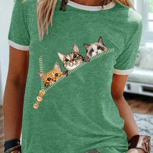 Casual Simple Print Crew Neck Ringer Tee, T-shirts, Lilicloth.com