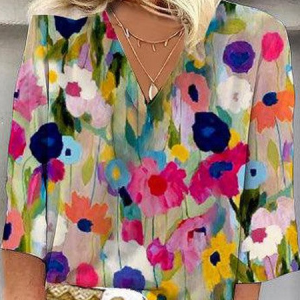Plus Size Floral Casual Loose V Neck Shirt, JustFashionNow Blouses, color:Multicolor|size:4X,