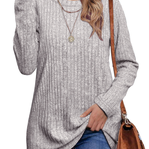 Women's Long Sleeve Blouse Spring/Fall Plain Knitted Crew Neck Daily Going Out Casual Top, JustFashionNow Shirts & Blouses, color:Light Gray|size:L,