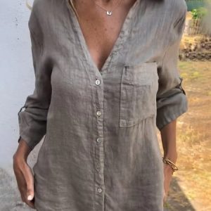 Women's Long Sleeve Shirt Spring/Fall Plain Shirt Collar Daily Going Out Casual Top, JustFashionNow Tops, color:Khaki|size:3XL,