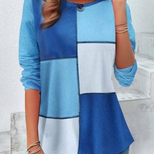Women's Long Sleeve Tee T-shirt Spring/Fall Color Block Printing Jersey Crew Neck Daily Going Out Vintage Top, JustFashionNow T-Shirts, color:Blue|size:XXL,