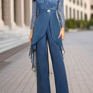 Women's Lace Chiffon Plain Party Going Out Two Piece Set Half Sleeve Elegant Summer Top With Pants Matching Set, JustFashionNow Suit Set, color:Blue|size:XXL,