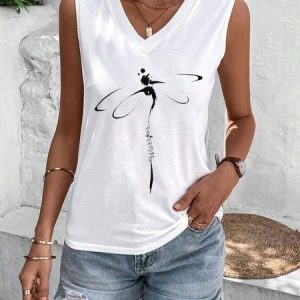 Women's Sleeveless Tank Top Camisole Summer Dragonfly Jersey V Neck Daily Going Out Casual Top White, JustFashionNow Tanks & Camis, color:White|size:XXL,