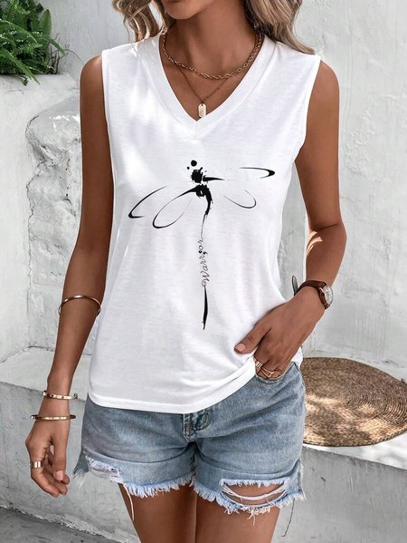 Women's Sleeveless Tank Top Camisole Summer Dragonfly Jersey V Neck Daily Going Out Casual Top White, JustFashionNow Tanks & Camis, color:White|size:XXL,