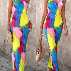 Colorblock Tie Dye Print Pleated Cami Maxi Dress, Print Dresses, ChicMe catalog