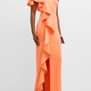 Women's Sleeveless Summer Plain Ruched Dress One Shoulder Date Going Out Urban Maxi X-Line, JustFashionNow Dresses, color:Orange|size:3XL,