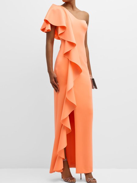 Women's Sleeveless Summer Plain Ruched Dress One Shoulder Date Going Out Urban Maxi X-Line, JustFashionNow Dresses, color:Orange|size:3XL,