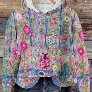 Vintage floral art knitted hooded sweater, Sweaters, Lilicloth.com