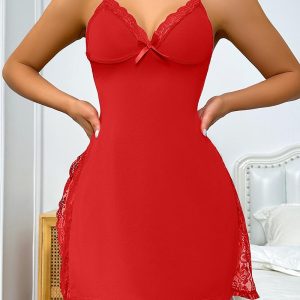 Lace Trim Side Slit Bowknot Decor Modal Cami Sleep Dress, Night Dresses, ChicMe catalog