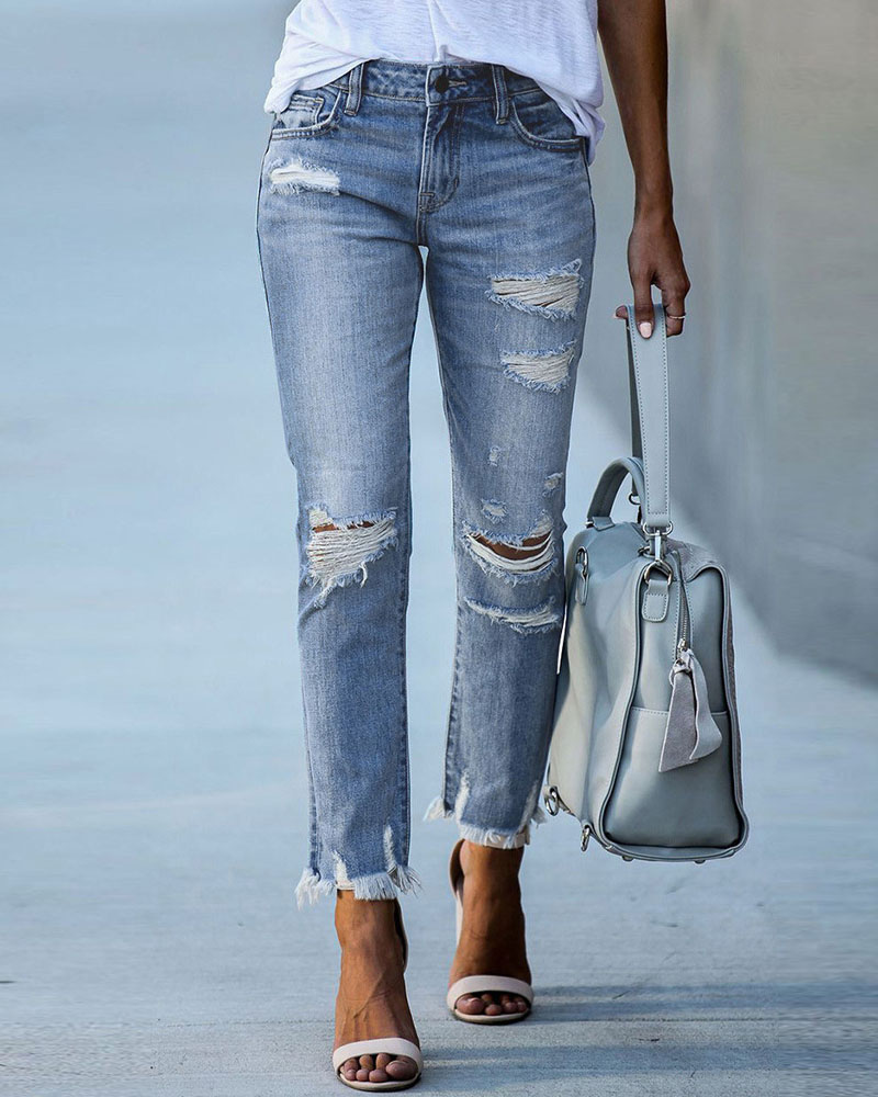 Zipper Fly Cutout Ripped Raw Hem Skinny Jeans, Jeans, ChicMe catalog
