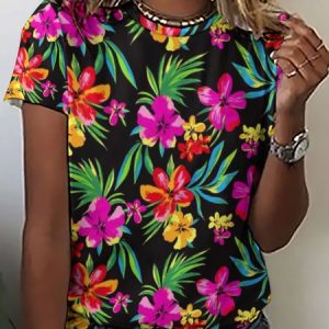 Fancy Flower Print Casual Short Sleeve T-Shirt, T-shirts, Lilicloth.com