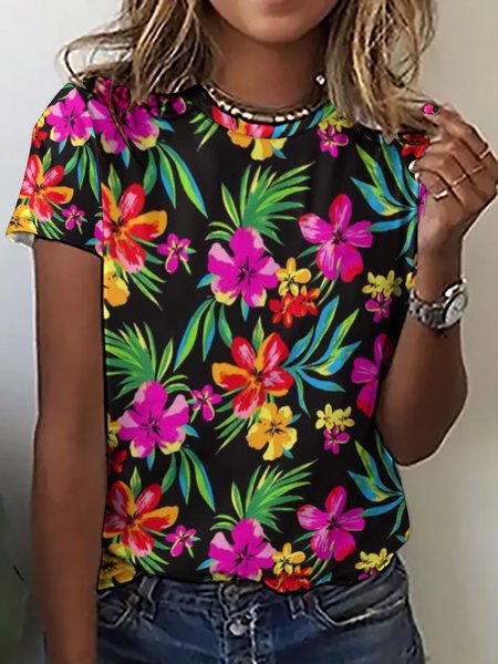Fancy Flower Print Casual Short Sleeve T-Shirt, T-shirts, Lilicloth.com