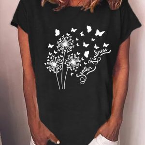 Women‘s Scatter Kindness Dandelion Butterflies Casual Cotton-Blend T-Shirt, T-shirts, Lilicloth.com