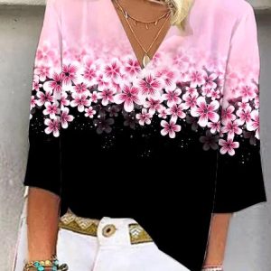 Women's Three Quarter Sleeve Tee T-shirt Spring/Fall Floral Printing V Neck Daily Going Out Vintage Top Pink, JustFashionNow Tops, color:Pink|size:XXL,