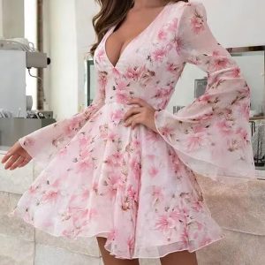 Floral Print Bell Sleeve Plunge Dress, Print Dresses, ChicMe catalog