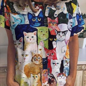 Funny Women Cat Crew Neck Cat Loose T-Shirt, T-shirts, Lilicloth.com