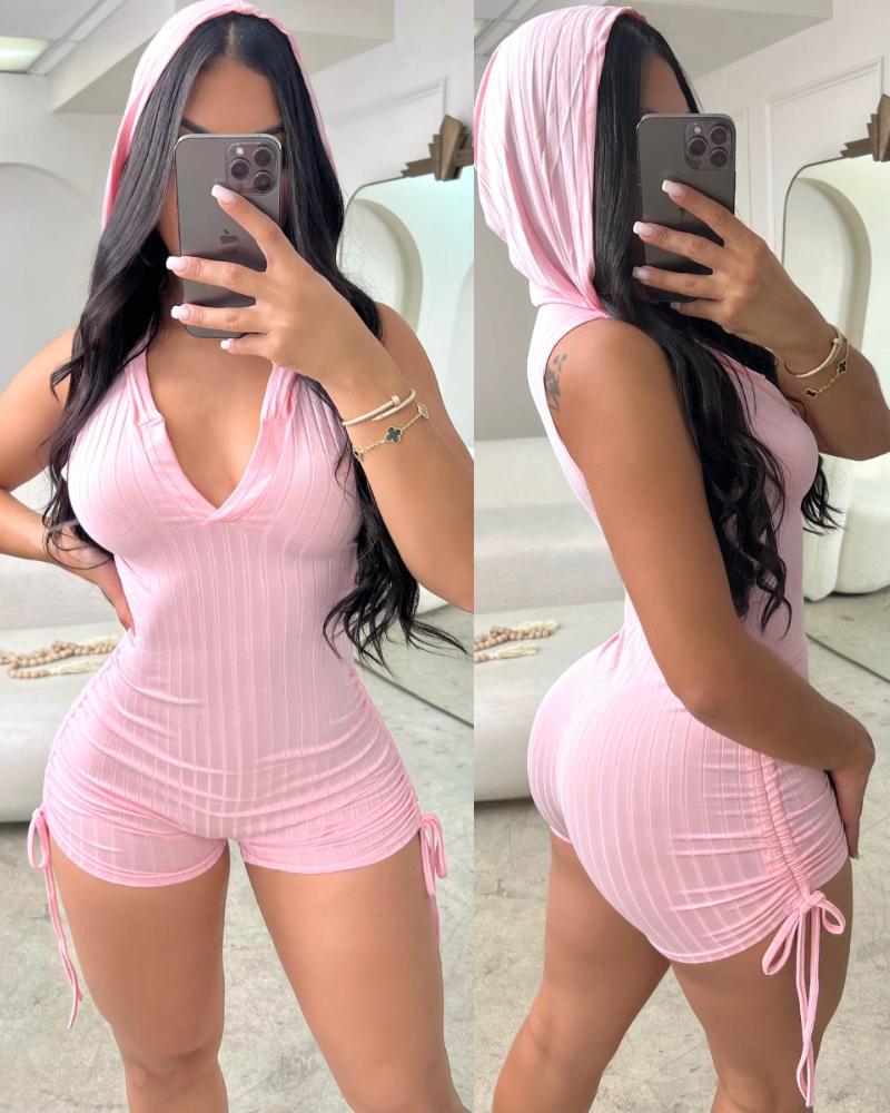 Side Drawstring Slim Fit Sleeveless Hooded Romper, women Rompers, ChicMe catalog