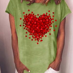 Women‘s Cotton-Blend Heart Crew Neck Casual T-Shirt, T-shirts, Lilicloth.com