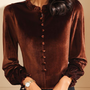 Lotus Leaf Collar Long Sleeve Plain Buckle Regular Medium Elasticity Regular Fit Blouse For Women, Blouses, color:Coffee|size:3XL, catalog Noracora shop