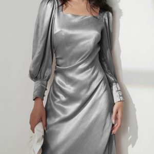 Urban Square Neck Plain Regular Fit Dress, JustFashionNow Dresses, color:Gray|size:3XL,