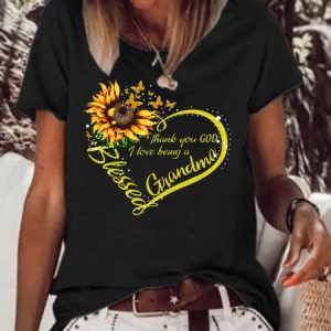 Blessed Grandma Sunflower Print Crew Neck Short Sleeve T-Shirt, T-shirts, Lilicloth.com