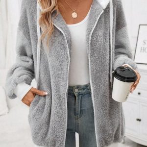 Women's Winter Outerwear Fluff/Granular Fleece Fabric Casual Plain Long Sleeve Hoodie Fleece Coat, JustFashionNow Jackets, color:Gray|size:XL,