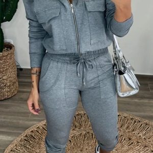 2 Pieces Outfit Long Sleeve Zip Up Flap Pockets Design Stretchy Hem Hoodie Coat and Drawstring Elastic Waist Slim Fit Pants Set, women Two-piece Sets, ChicMe catalog