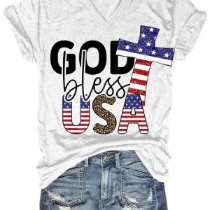 Womens God Bless American Casual Short Sleeve T-Shirt, T-shirts, Lilicloth.com