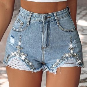 Rhinestone Pocket Design Ripped Denim Shorts, women Denim Shorts, ChicMe catalog