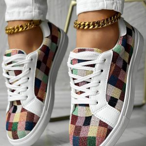 Colorblock Plaid Print Lace-up Sneakers, Sneakers, ChicMe catalog