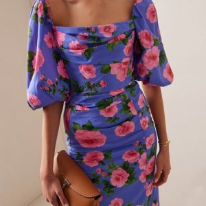 Women's Short Sleeve Summer Floral Ruched Dress Square Neck Holiday Going Out Elegant Midi H-Line Hip Skirt, JustFashionNow Dresses, color:Blue|size:XXL,