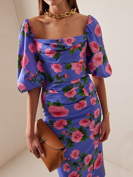 Women's Short Sleeve Summer Floral Ruched Dress Square Neck Holiday Going Out Elegant Midi H-Line Hip Skirt, JustFashionNow Dresses, color:Blue|size:XXL,
