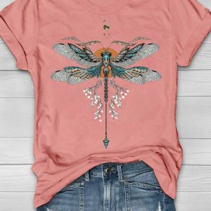 Loose Crew Neck Dragonfly Casual T-Shirt, T-shirts, Lilicloth.com