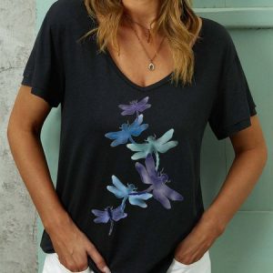 Women Gragonfly Printing V Neck Cotton-Blend Dragonfly T-Shirt, T-shirts, Lilicloth.com