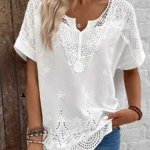 Women's Short Sleeve Blouse Summer Dragonfly Lace Cotton V Neck Daily Going Out Casual Top, JustFashionNow T-Shirts, color:White|size:5XL,