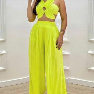 Floral Pattern Ruched Hollow Out Cami Top & Pants Set, Two-piece Sets, ChicMe catalog