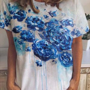 Casual Floral Print Crew Neck Short Sleeve T-Shirt, T-shirts, Lilicloth.com