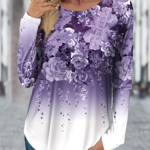 Women's Long Sleeve T-shirt Spring/Fall Purple Floral Jersey Crew Neck Daily Going Out Casual Top, Long sleeves, Lilicloth.com