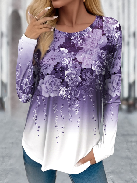 Women's Long Sleeve T-shirt Spring/Fall Purple Floral Jersey Crew Neck Daily Going Out Casual Top, Long sleeves, Lilicloth.com