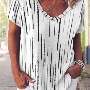 Casual Striped Funny V Neck Short Sleeve T-Shirt, T-shirts, Lilicloth.com