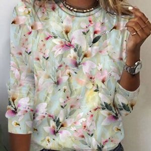 Women's Long Sleeve Tee T-shirt Spring/Fall Floral Printing Jersey Crew Neck Daily Going Out Vintage Top Lightgreen, JustFashionNow T-Shirts, color:Lightgreen|size:XXL,