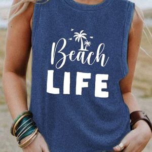 Beach Life Coconut Tree Print Crew Neck Top, Tank Tops, Lilicloth.com